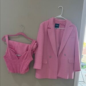 Zara Pink Textured Blazer and Crop Top Set